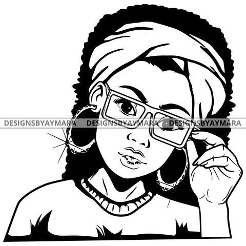 Black Goddess Lola Glamour Glasses Bamboo Hoop Earrings Sexy Attractive Portrait Fashion Bandana Woman Afro Hair Style B/W SVG Cutting Files For Silhouette  Cricut