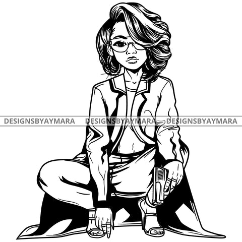 Black Goddess Lola Gangster Boss Lady Gun Firearm Glasses Squatting Nubian Bamboo Hoop Earrings Sexy Fashion  Straight Hair Style B/W SVG Cutting Files For Silhouette  Cricut