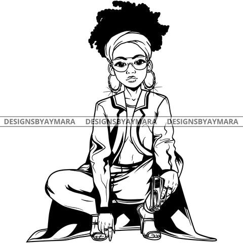 Black Goddess Lola Gangster Boss Lady Gun Firearm Glasses Squatting Nubian Bamboo Hoop Earrings Sexy Fashion Woman Bandana Dreadlocks Hair Style B/W SVG Cutting Files For Silhouette  Cricut