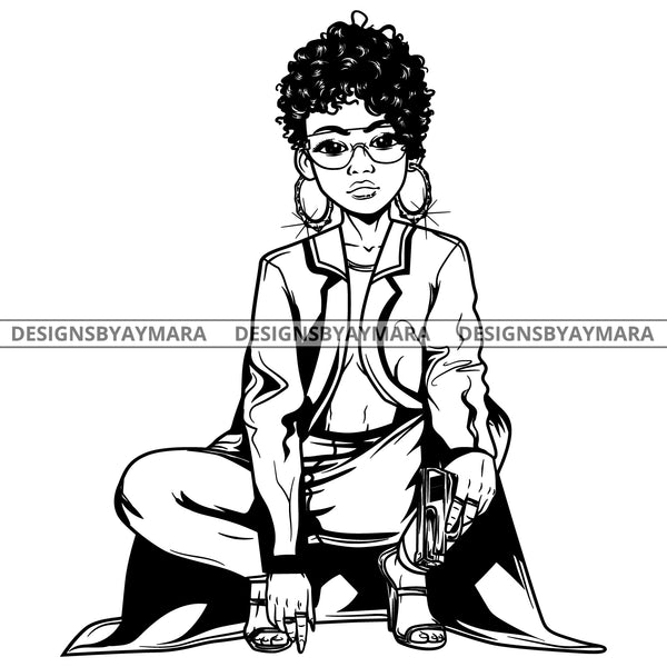 Black Goddess Lola Gangster Boss Lady Gun Firearm Glasses Squatting Nubian Melanin Bamboo Hoop Earrings Sexy Woman Short Hair Style B/W SVG Cutting Files For Silhouette  Cricut