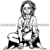Black Goddess Lola Gangster Boss Lady Gun Firearm Glasses Squatting Nubian Melanin Bamboo Hoop Earrings Sexy Fashion Woman Dreadlocks Hair Style B/W SVG Cutting Files For Silhouette  Cricut