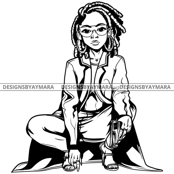 Black Goddess Lola Gangster Boss Lady Gun Firearm Glasses Squatting Nubian Melanin Bamboo Hoop Earrings Sexy Fashion Woman Dreadlocks Hair Style B/W SVG Cutting Files For Silhouette  Cricut