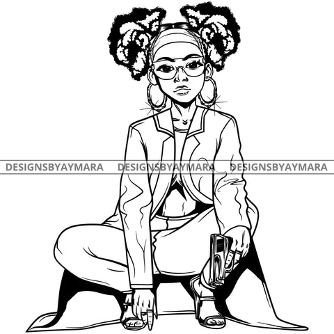 Black Goddess Lola Gangster Boss Lady Gun Firearm Glasses Bandana Squatting Nubian Melanin Bamboo Hoop Earrings Sexy Fashion Woman Pigtails Hair Style B/W SVG Cutting Files For Silhouette  Cricut