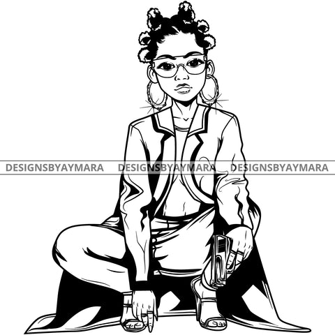 Black Goddess Lola Gangster Boss Lady Gun Firearm Glasses Squatting Nubian Melanin Bamboo Hoop Earrings Sexy Fashion Woman Banku Knots Hair Style B/W SVG Cutting Files For Silhouette  Cricut