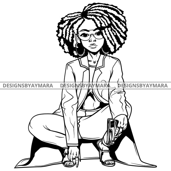 Black Goddess Lola Gangster Boss Lady Gun Firearm Glasses Squatting Nubian Melanin Bamboo Hoop Earrings Sexy Fashion Woman Dreadlocks Hair Style B/W SVG Cutting Files For Silhouette  Cricut