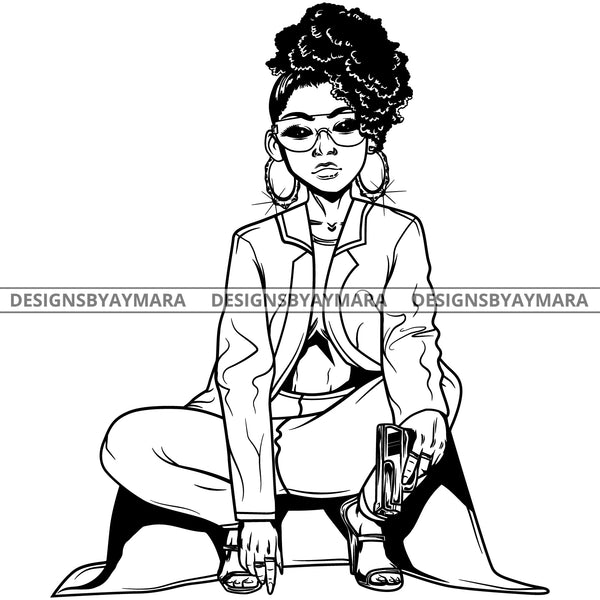 Black Goddess Lola Gangster Boss Lady Gun Firearm Glasses Squatting Nubian Melanin Bamboo Hoop Earrings Sexy Fashion Woman Up Do Hair Style B/W SVG Cutting Files For Silhouette  Cricut