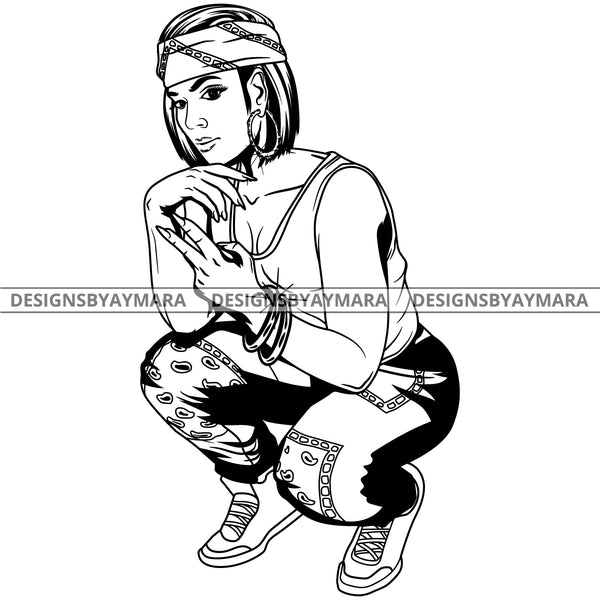Black Goddess Lola Boss Lady Deuces Squatting Nubian Melanin Bamboo Hoop Earrings Sexy Woman Straight Hair Style B/W SVG Cutting Files For Silhouette  Cricut