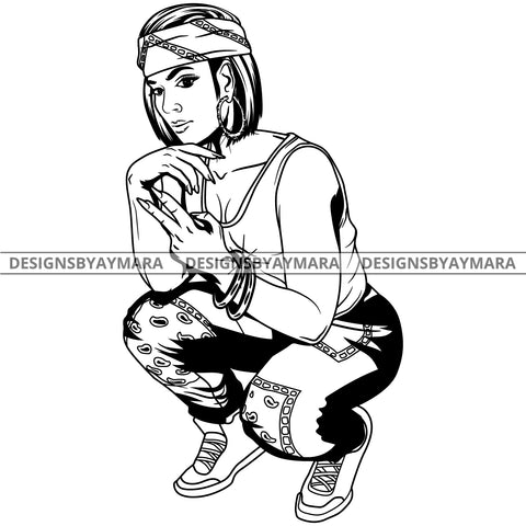 Black Goddess Lola Boss Lady Deuces Squatting Nubian Melanin Bamboo Hoop Earrings Sexy Woman Straight Hair Style B/W SVG Cutting Files For Silhouette  Cricut