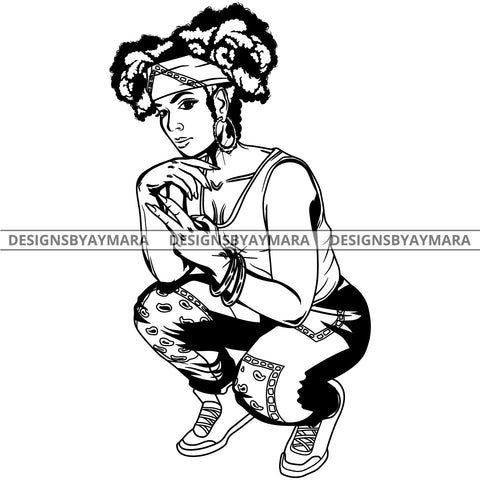 Black Goddess Lola Boss Lady Deuces Squatting Nubian Melanin Bandana Bamboo Hoop Earrings Sexy Woman Pigtails Hair Style B/W SVG Cutting Files For Silhouette  Cricut