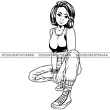 Black Goddess Lola Boss Lady Squatting Nubian Melanin Bamboo Hoop Earrings Sexy Woman Casual High Tops Straight Hair Style B/W SVG Cutting Files For Silhouette  Cricut