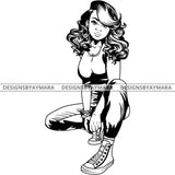 Black Goddess Lola Boss Lady Squatting Nubian Melanin Bamboo Hoop Earrings Sexy Woman Casual High Tops Wavy Hair Style B/W SVG Cutting Files For Silhouette  Cricut