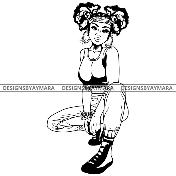 Black Goddess Lola Boss Lady Squatting Nubian Melanin Bamboo Hoop Earrings Sexy Woman Casual High Tops Pigtails Hair Style B/W SVG Cutting Files For Silhouette  Cricut