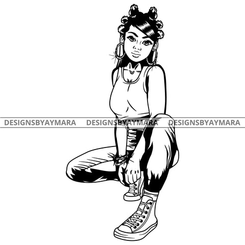 Black Goddess Lola Boss Lady Squatting Nubian Melanin Bamboo Hoop Earrings Sexy Woman Casual High Tops Banku Knots Hair Style B/W SVG Cutting Files For Silhouette  Cricut