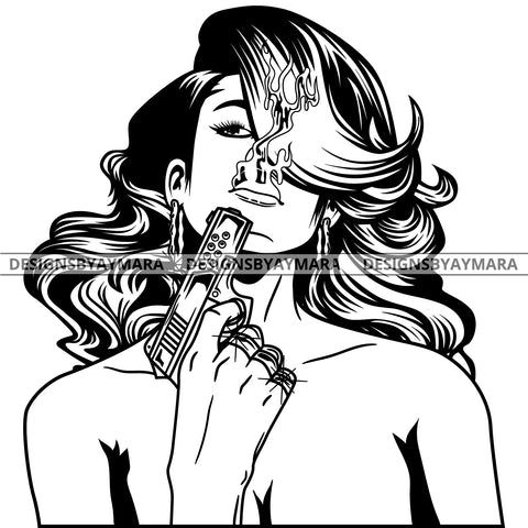 Black Goddess Lola Gangster Boss Lady Gun Firearm Gun Powder Bamboo Hoop Earrings Sexy Wavy Hair Style B/W SVG Cutting Files For Silhouette  Cricut