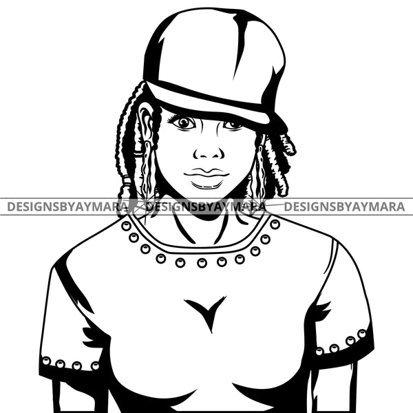 Black Lola Urban Boss Lady Baseball Cap Bamboo Hoop Earrings Sexy Black Casual Woman Dreadlocks Hair Style  B/W SVG Cutting Files For Silhouette  Cricut