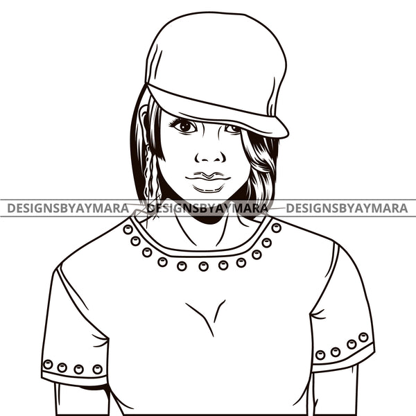Black Lola Urban Boss Lady Baseball Cap Bamboo Hoop Earrings Sexy Black Casual Woman Wavy Hair Style  B/W SVG Cutting Files For Silhouette  Cricut