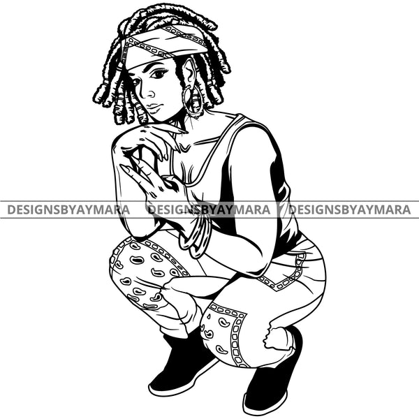 Black Goddess Lola Boss Lady Deuces Squatting Nubian Melanin Bandana Bamboo Hoop Earrings Sexy Woman Dreadlocks Hair Style B/W SVG Cutting Files For Silhouette  Cricut