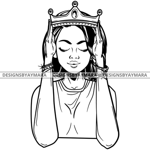 Black Goddess Queen Lola Glamour Bamboo Hoop Earrings Sexy Fixing Crown Straight Hair Style B/W SVG Cutting Files For Silhouette  Cricut