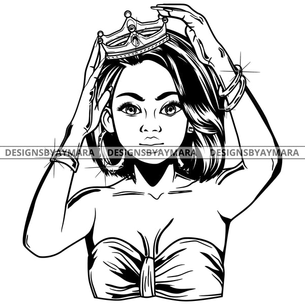 Black Goddess Queen Lola Glamour Bamboo Hoop Earrings Sexy Fixing Crown Straight Hair Style B/W SVG Cutting Files For Silhouette  Cricut