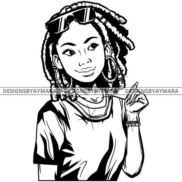 Black Goddess Lola Boss Lady Glasses Nubian Portrait  Bamboo Hoop Earrings Sexy Fashion Woman Dreadlocks Hair Style B/W SVG Cutting Files For Silhouette  Cricut