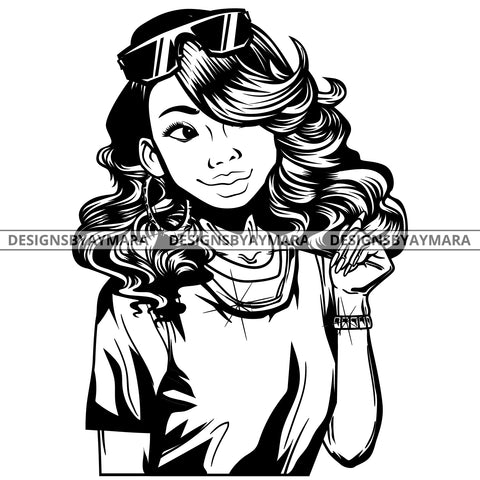 Black Goddess Lola Boss Lady Glasses Nubian Portrait Bamboo Hoop Earrings Sexy Fashion Woman Wavy Hair Style B/W SVG Cutting Files For Silhouette  Cricut