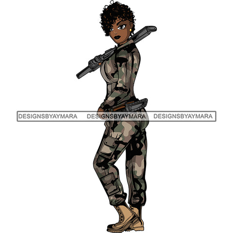 Afro Lola Woman Warrior Military Army Soldier War Camouflage USA Uniform .SVG Clipart Vector Cutting Files For Circuit Silhouette Cricut and More!