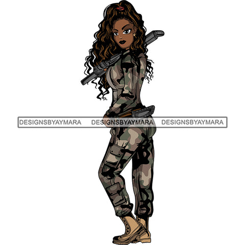 Afro Lola Woman Warrior Military Army Soldier War Camouflage USA Uniform .SVG Clipart Vector Cutting Files For Circuit Silhouette Cricut and More!