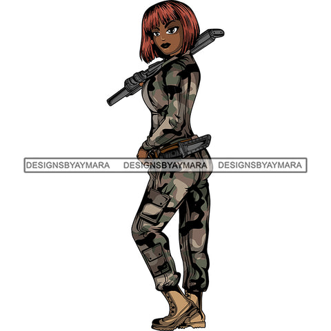 Afro Lola Woman Warrior Military Army Soldier War Camouflage USA Uniform .SVG Clipart Vector Cutting Files For Circuit Silhouette Cricut and More!
