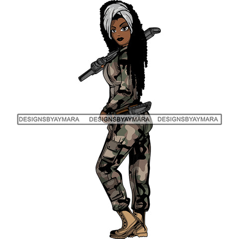 Afro Lola Woman Warrior Military Army Soldier War Camouflage USA Uniform .SVG Clipart Vector Cutting Files For Circuit Silhouette Cricut and More!