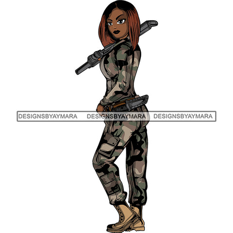 Afro Lola Woman Warrior Military Army Soldier War Camouflage USA Uniform .SVG Clipart Vector Cutting Files For Circuit Silhouette Cricut and More!