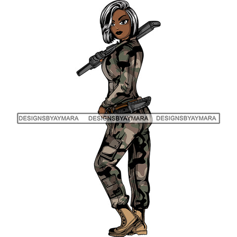 Afro Lola Woman Warrior Military Army Soldier War Camouflage USA Uniform .SVG Clipart Vector Cutting Files For Circuit Silhouette Cricut and More!