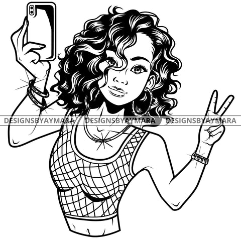 Black Goddess Lola Selfie Deuces Nubian Bamboo Hoop Earrings Sexy Fashion Portrait Woman Curly Hair Style B/W SVG Cutting Files For Silhouette  Cricut
