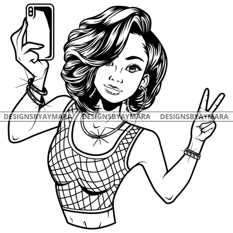 Black Goddess Lola Selfie Deuces Nubian Bamboo Hoop Earrings Sexy Fashion Portrait Woman Wavy Hair Style B/W SVG Cutting Files For Silhouette  Cricut