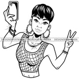 Black Goddess Lola Selfie Deuces Nubian Bamboo Hoop Earrings Sexy Fashion Portrait Woman Short Hair Style B/W SVG Cutting Files For Silhouette  Cricut