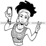 Black Goddess Lola Selfie Deuces Nubian Bamboo Hoop Earrings Sexy Fashion Portrait Woman Afro Up Do Hair Style B/W SVG Cutting Files For Silhouette  Cricut