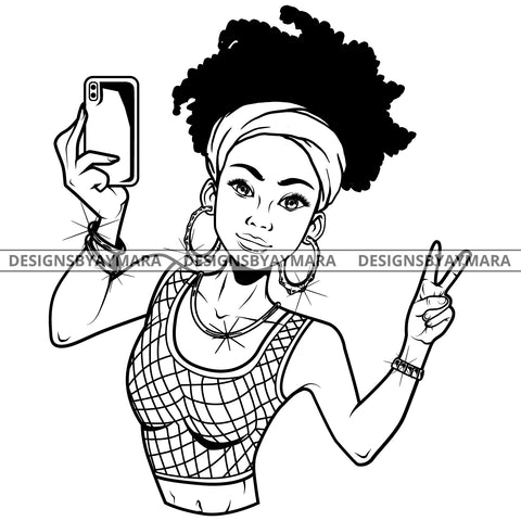Black Goddess Lola Selfie Deuces Nubian Bamboo Hoop Earrings Sexy Fashion Portrait Woman Afro Up Do Hair Style B/W SVG Cutting Files For Silhouette  Cricut