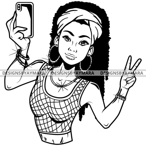 Black Goddess Lola Selfie Deuces Nubian Turban Bamboo Hoop Earrings Sexy Fashion Portrait Woman Long Curly Hair Style B/W SVG Cutting Files For Silhouette  Cricut