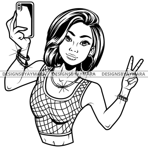 Black Goddess Lola Selfie Deuces Nubian Bamboo Hoop Earrings Sexy Fashion Portrait Woman Straight Hair Style B/W SVG Cutting Files For Silhouette  Cricut