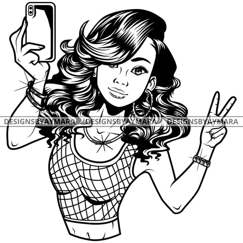 Black Goddess Lola Selfie Deuces Nubian Bamboo Hoop Earrings Sexy Fashion Portrait Woman Wavy Hair Style B/W SVG Cutting Files For Silhouette  Cricut