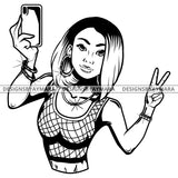 Black Goddess Lola Selfie Deuces Nubian Bamboo Hoop Earrings Sexy Fashion Portrait Woman Straight Hair Style B/W SVG Cutting Files For Silhouette  Cricut