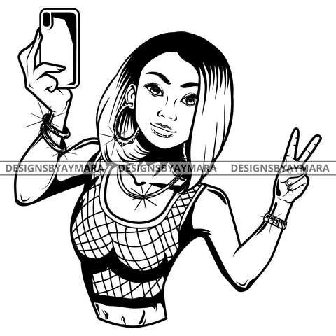 Black Goddess Lola Selfie Deuces Nubian Bamboo Hoop Earrings Sexy Fashion Portrait Woman Straight Hair Style B/W SVG Cutting Files For Silhouette  Cricut