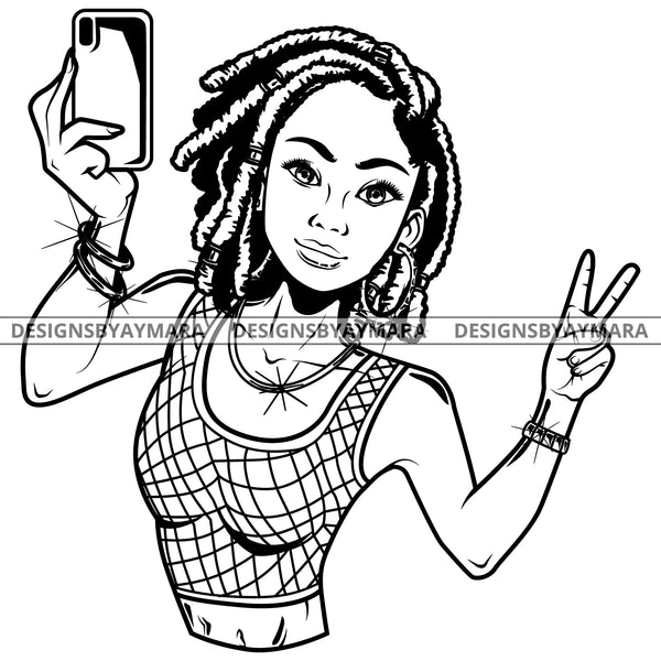 Black Goddess Lola Selfie Deuces Nubian Bamboo Hoop Earrings Sexy Fashion Portrait Woman Dreadlocks Hair Style B/W SVG Cutting Files For Silhouette  Cricut