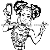 Black Goddess Lola Selfie Deuces Nubian Bamboo Hoop Earrings Sexy Fashion Portrait Woman Pigtails Hair Style B/W SVG Cutting Files For Silhouette  Cricut