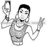Black Goddess Lola Selfie Deuces Nubian Bamboo Hoop Earrings Sexy Fashion Portrait Woman Short Hair Style B/W SVG Cutting Files For Silhouette  Cricut
