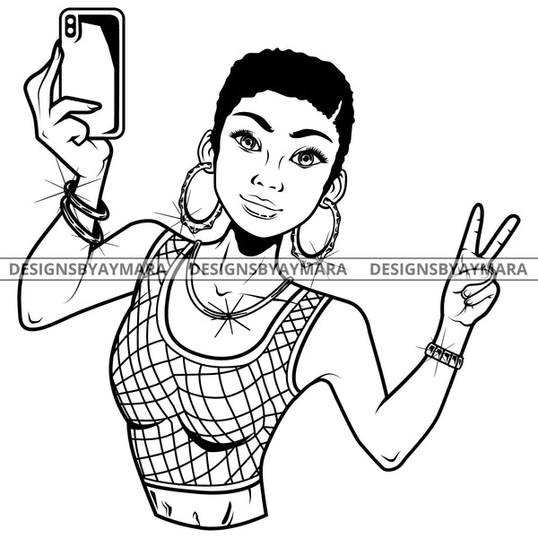 Black Goddess Lola Selfie Deuces Nubian Bamboo Hoop Earrings Sexy Fashion Portrait Woman Short Hair Style B/W SVG Cutting Files For Silhouette  Cricut