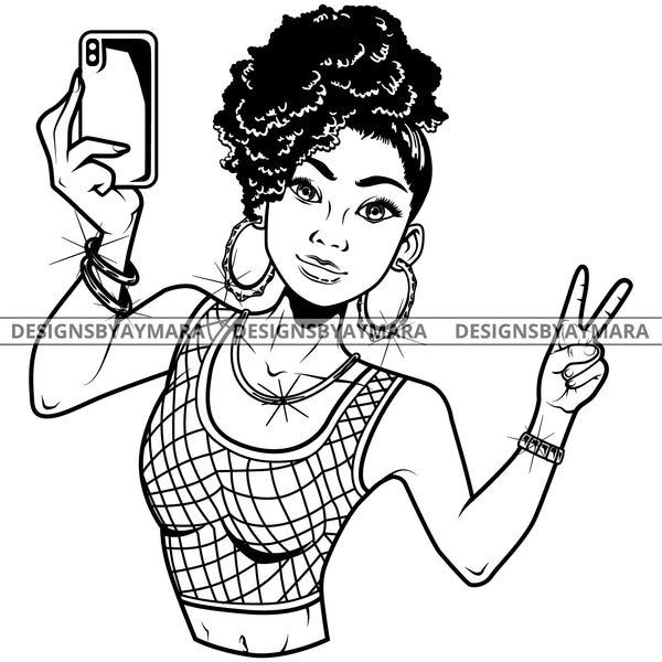 Black Goddess Lola Selfie Deuces Nubian Bamboo Hoop Earrings Sexy Fashion Portrait Woman Up Do Hair Style B/W SVG Cutting Files For Silhouette  Cricut