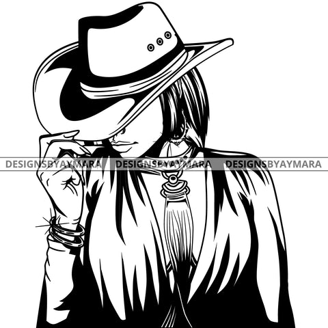 Afro Lola Black Goddess Cow Girl Necklace Portrait Bamboo Hoop Earrings Sexy Fashion Woman Straight Hair Style B/W SVG Cutting Files For Silhouette  Cricut