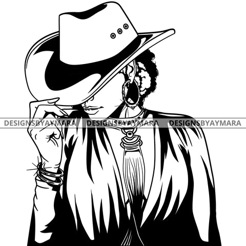Afro Lola Black Goddess Cow Girl Necklace Portrait Bamboo Hoop Earrings Sexy Fashion Woman Afro Hair Style B/W SVG Cutting Files For Silhouette  Cricut