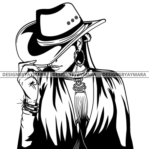 Afro Lola Black Goddess Cow Girl Necklace Portrait Bamboo Hoop Earrings Sexy Fashion Woman Banku Knots Hair Style B/W SVG Cutting Files For Silhouette  Cricut