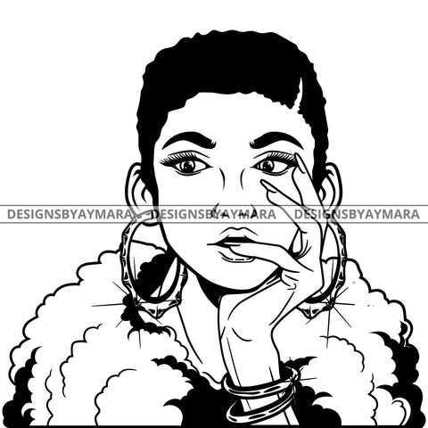 Black Goddess Lola Boss Lady Nubian Portrait Bamboo Hoop Earrings Sexy Woman Short Hair Style B/W SVG Cutting Files For Silhouette Cricut